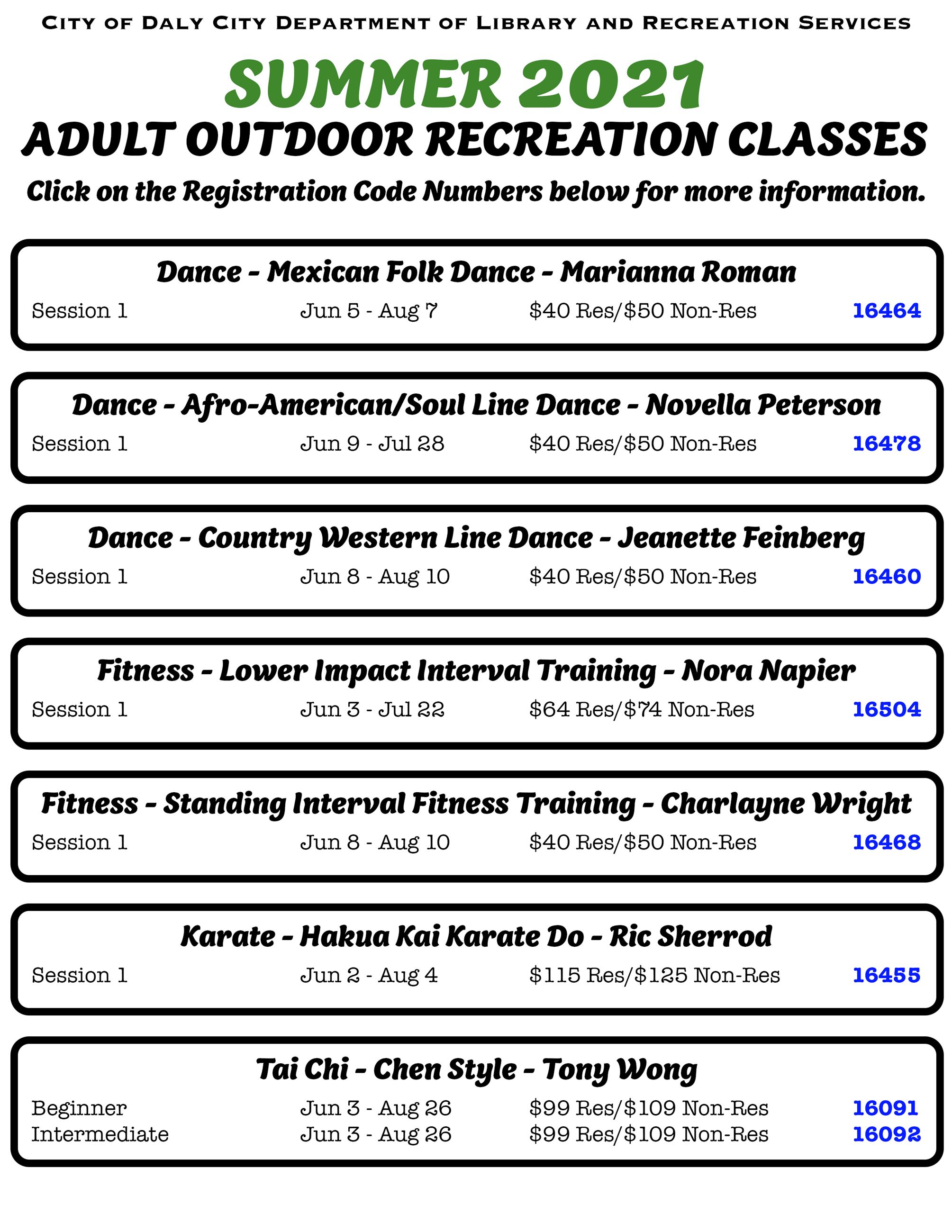 Summer Adult Classes 2021