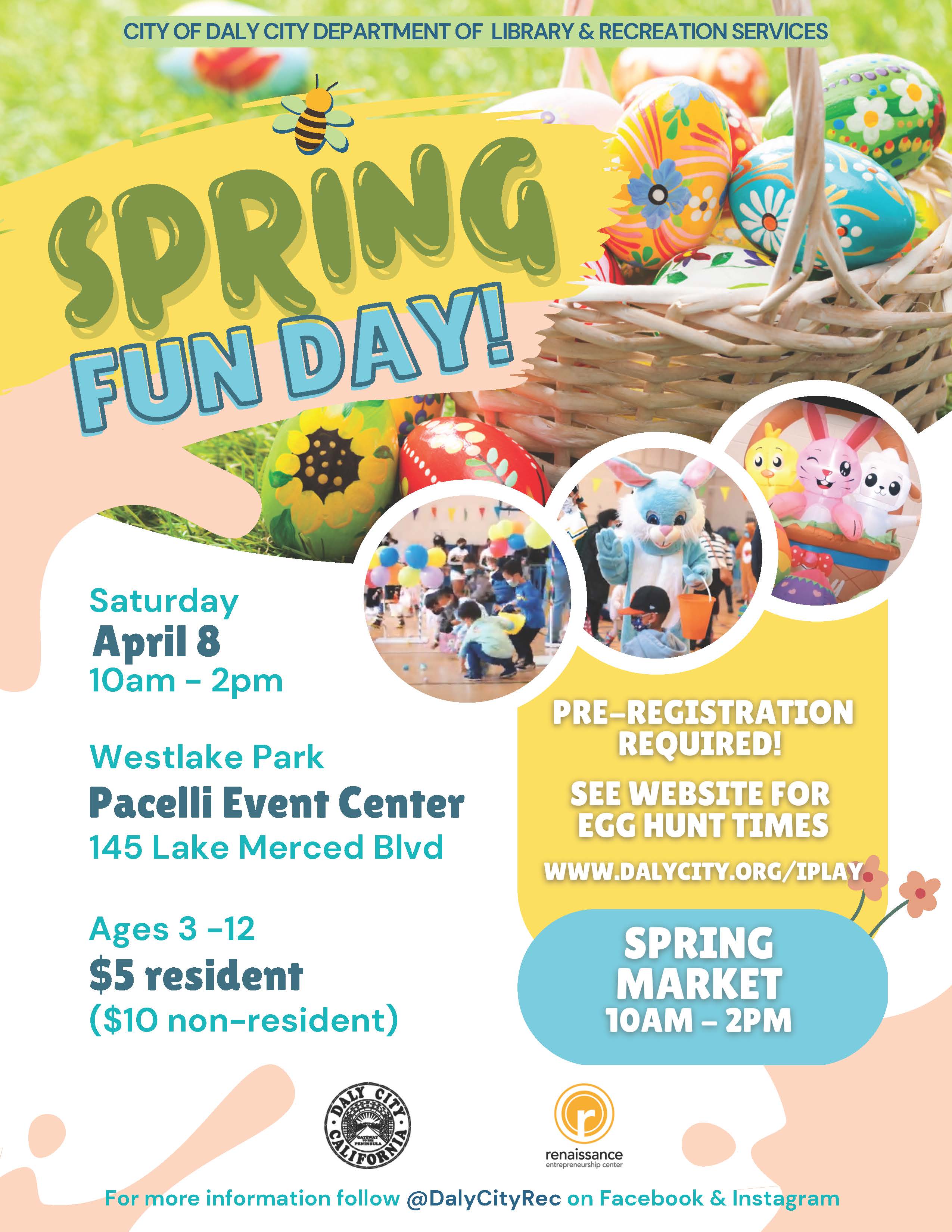 Image of event flyer with information. Spring Fun Day on April 8 at Westlake Park from 10am - 2pm.